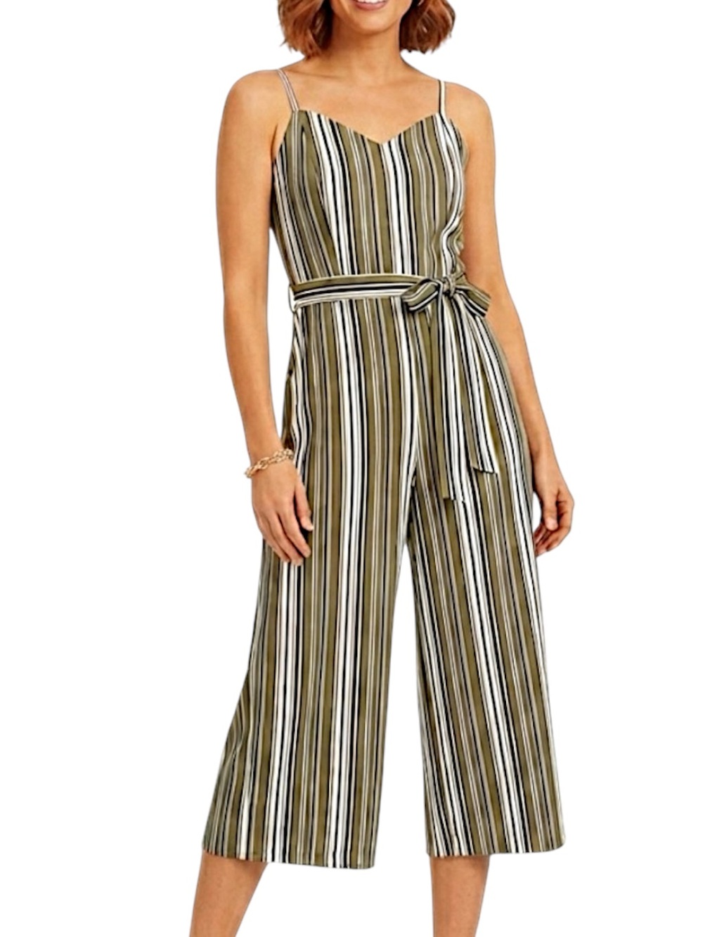 Almost Famous Green Belted Striped Spaghetti Strap Wide Leg Jumpsuit Size Medium
